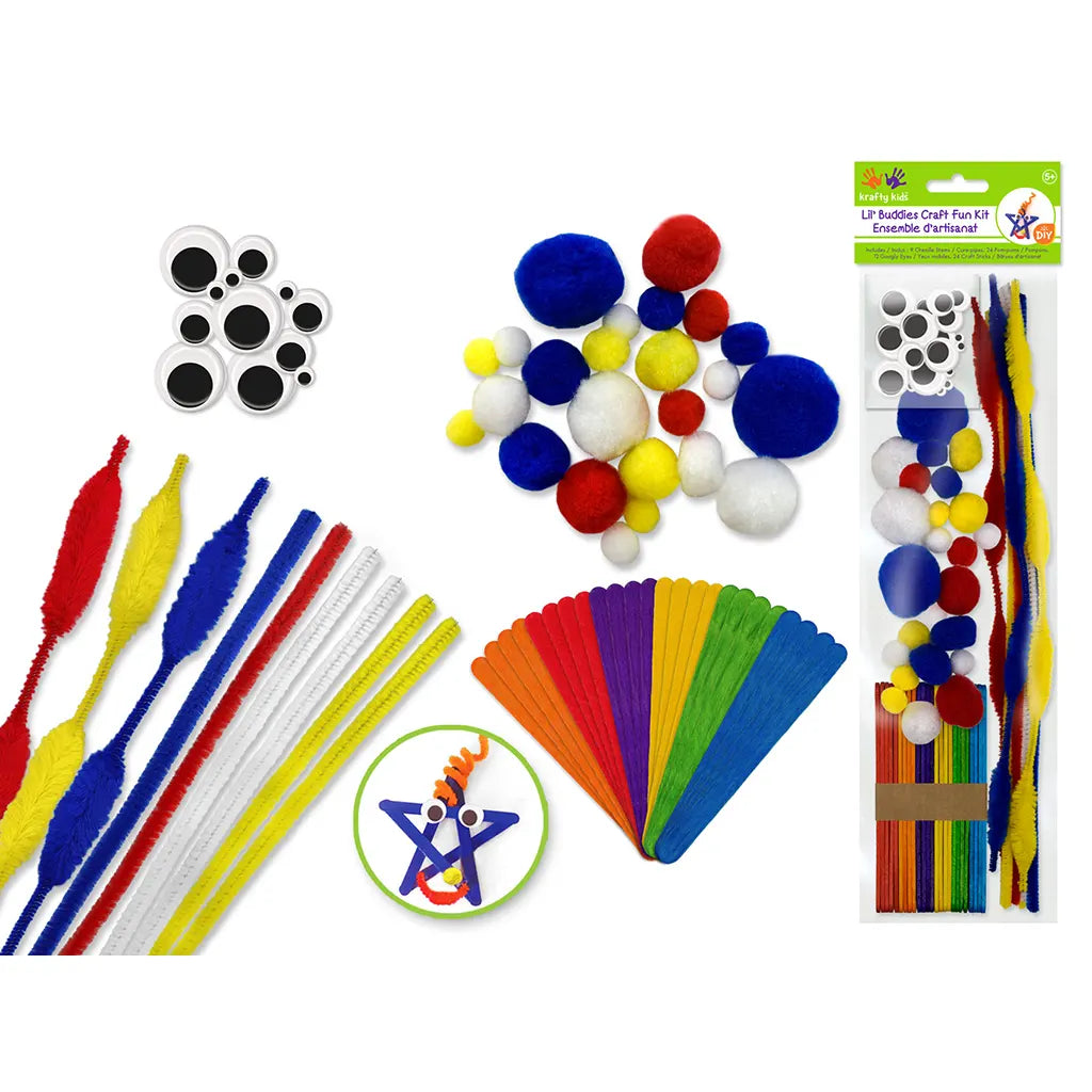 Krafty Kids Kit: DIY Creativity Kit Chenille/Poms/Eyes/Wood Sticks Primary