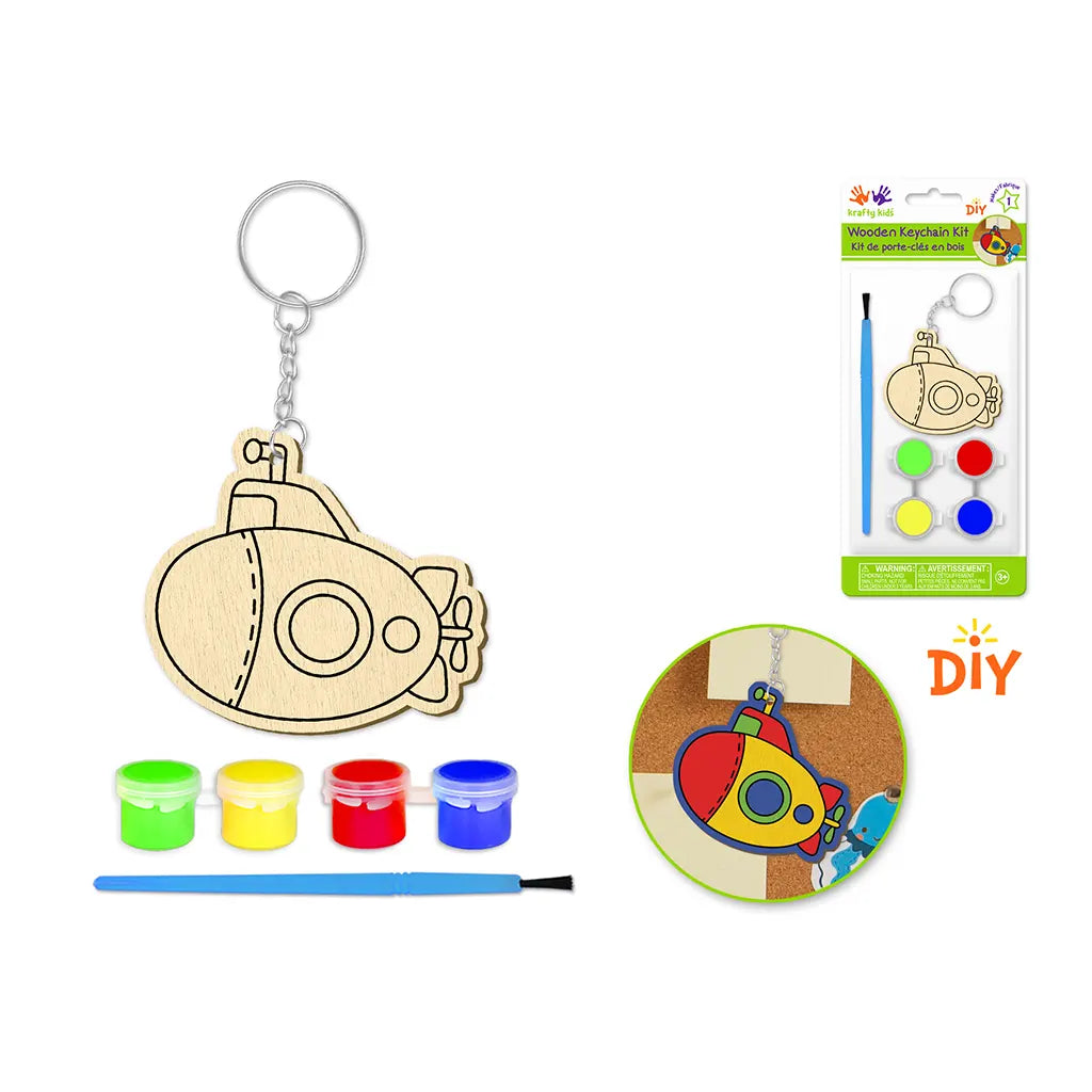 Krafty Kids Kit: DIY Wood Keychain Kit w/4 Paint Pots+Brush Submarine
