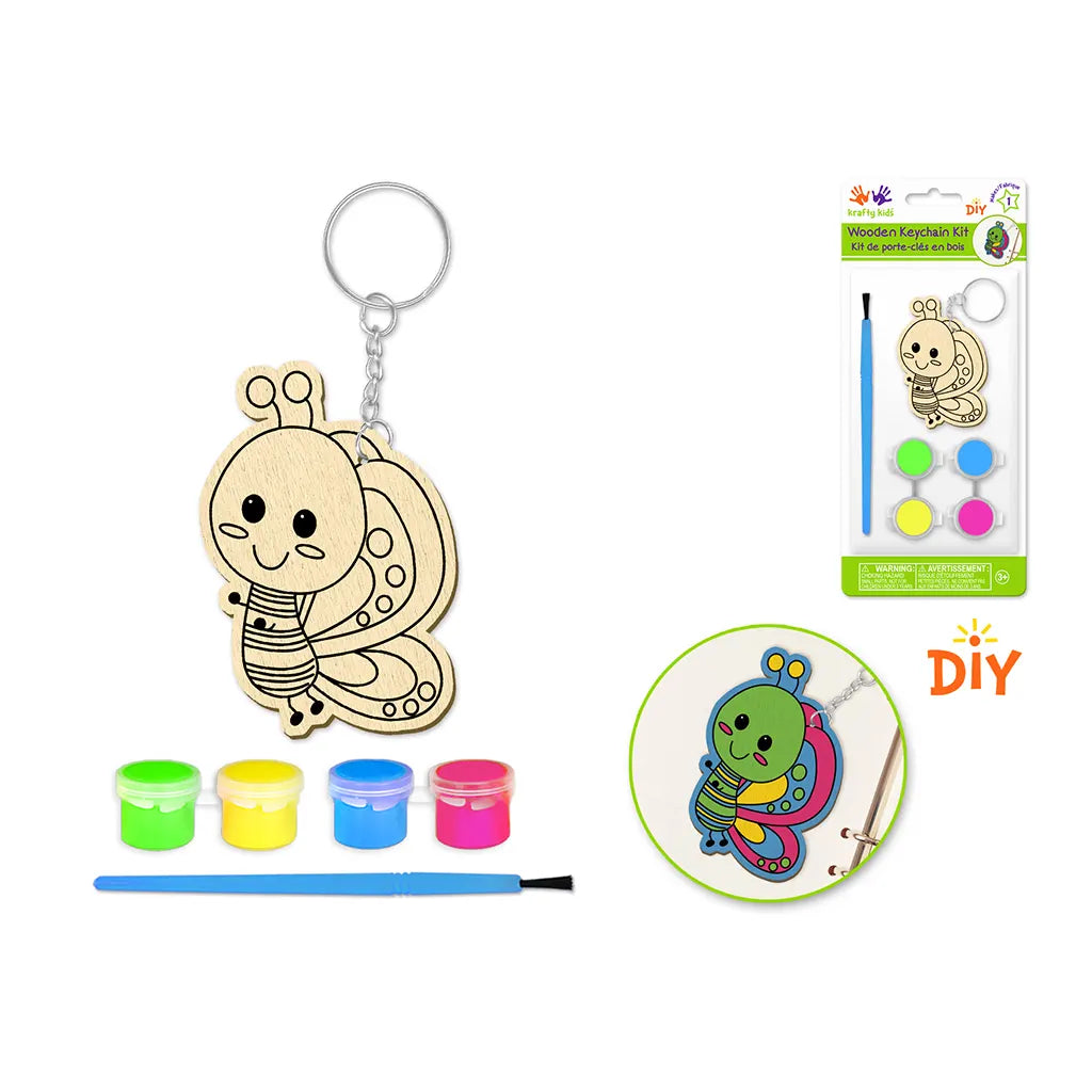 Krafty Kids Kit: DIY Wood Keychain Kit w/4 Paint Pots+Brush Flying Friend