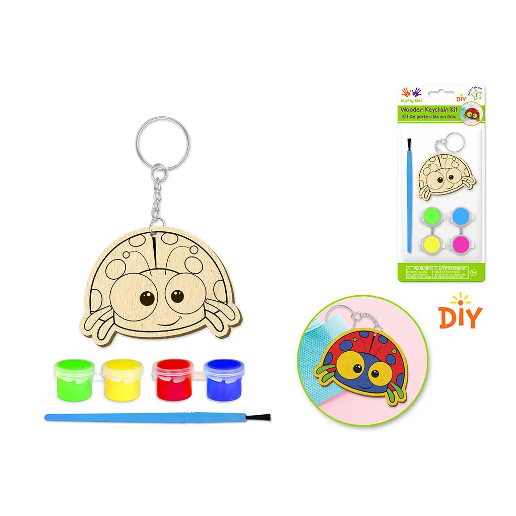 Krafty Kids Kit: DIY Wood Keychain Kit w/4 Paint Pots+Brush Ladybug