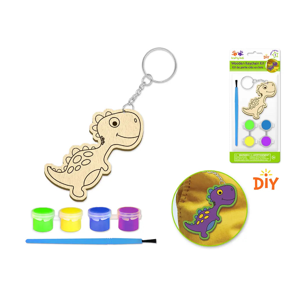 Krafty Kids Kit: DIY Wood Keychain Kit w/4 Paint Pots+Brush Dino