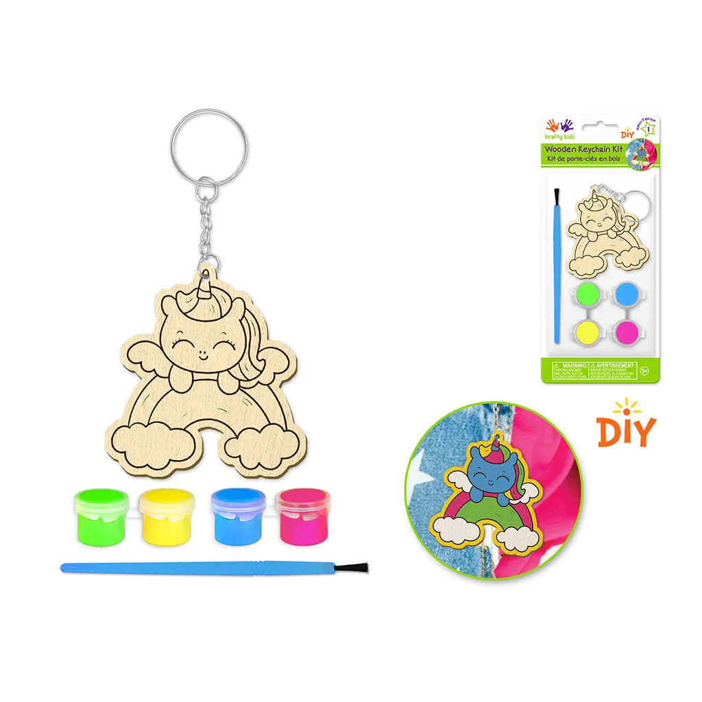 Krafty Kids Kit: DIY Wood Keychain Kit w/4 Paint Pots+Brush Baby Unicorn