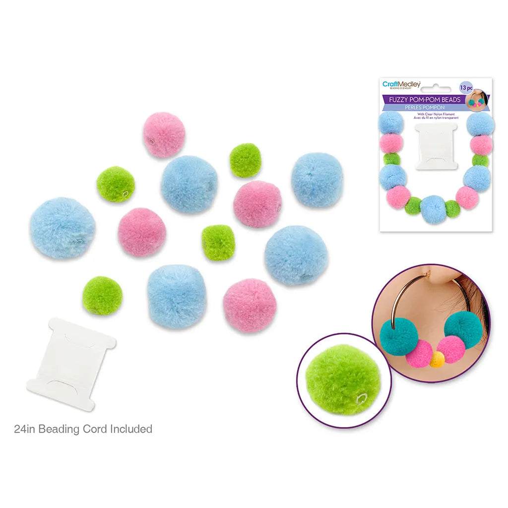 Craft Medley: Fuzzy Pom-Pom Beads 13pc w/Clear Nylon Filament Pastel