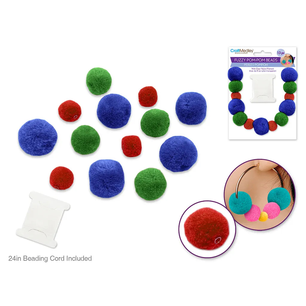 Craft Medley: Fuzzy Pom-Pom Beads 13pc w/Clear Nylon Filament Bold