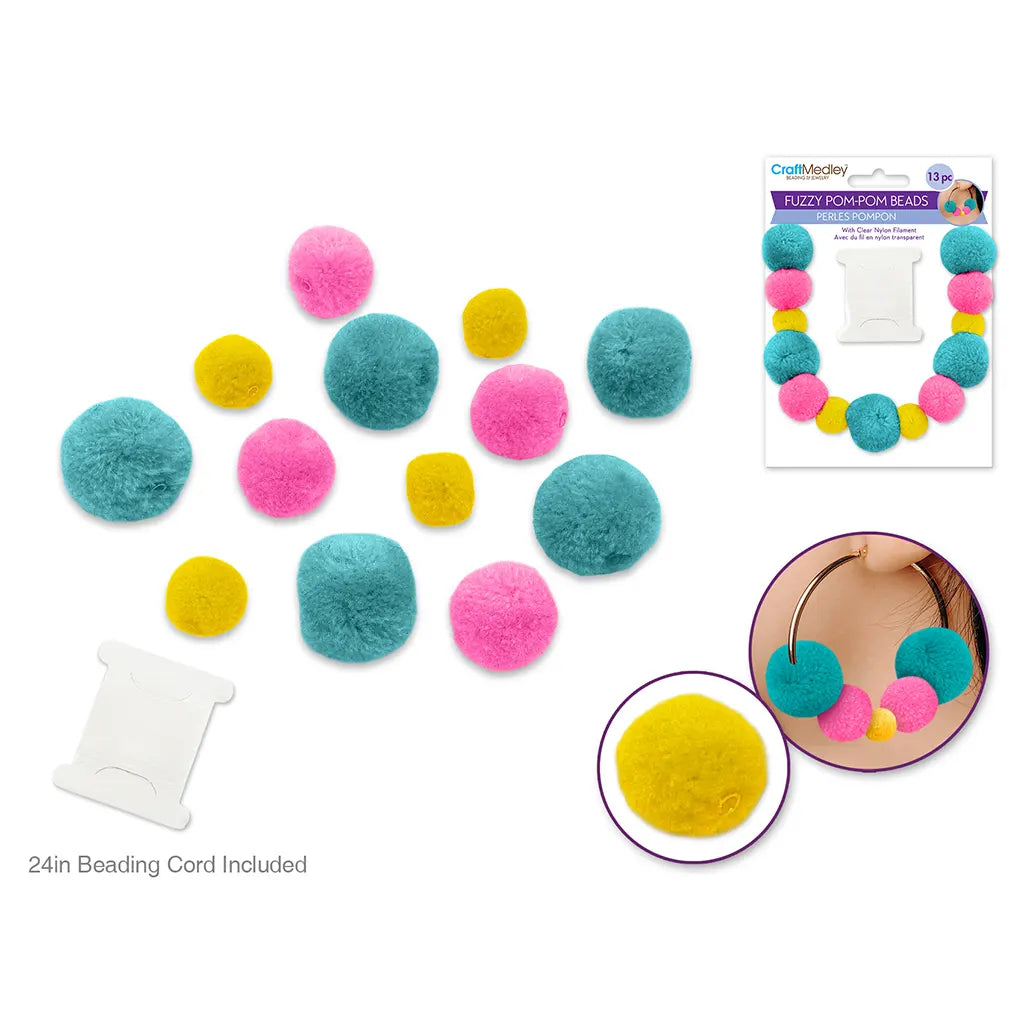 Craft Medley: Fuzzy Pom-Pom Beads 13pc w/Clear Nylon Filament Glam