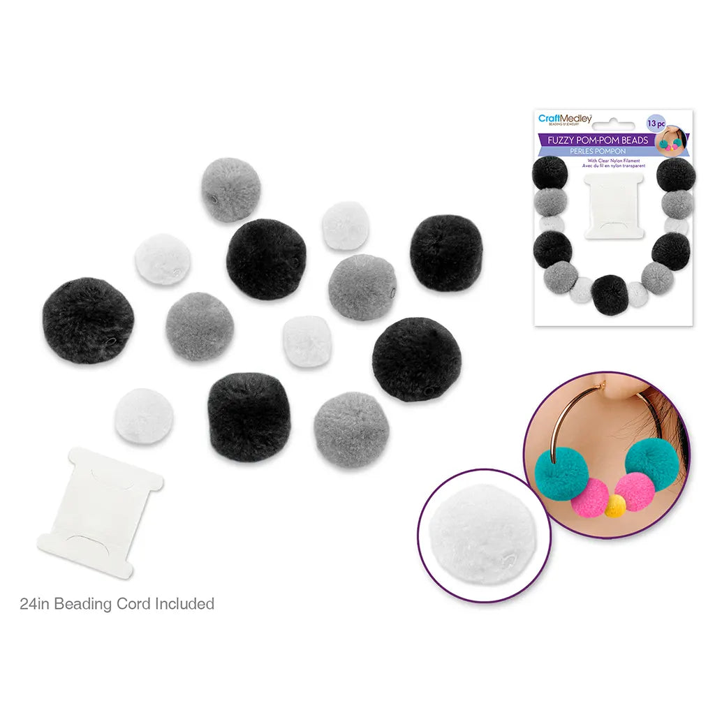 Craft Medley: Fuzzy Pom-Pom Beads 13pc w/Clear Nylon Filament Classic