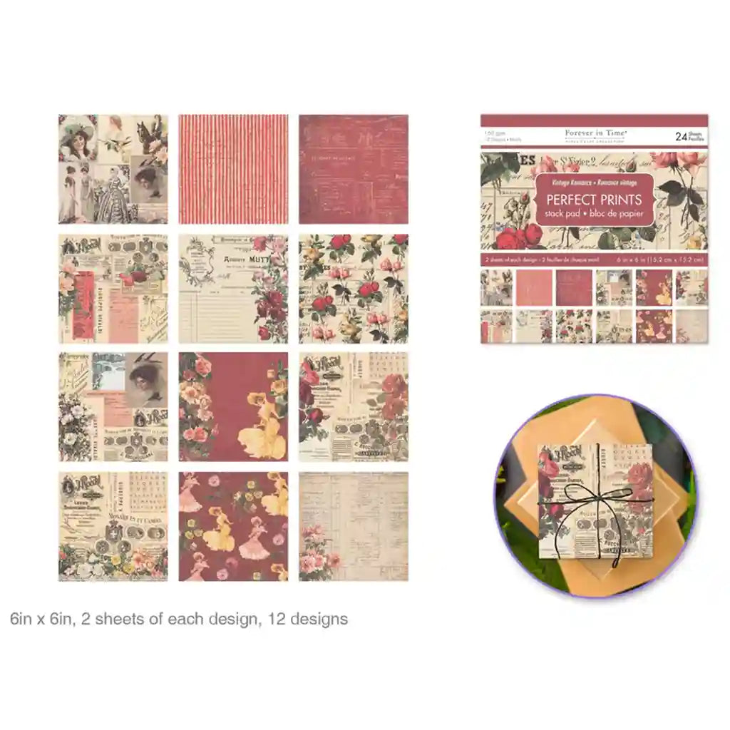 Paper Pads: 6"x6" Perfect Prints Stack Packs x24 Asst  M) Vintage Romance