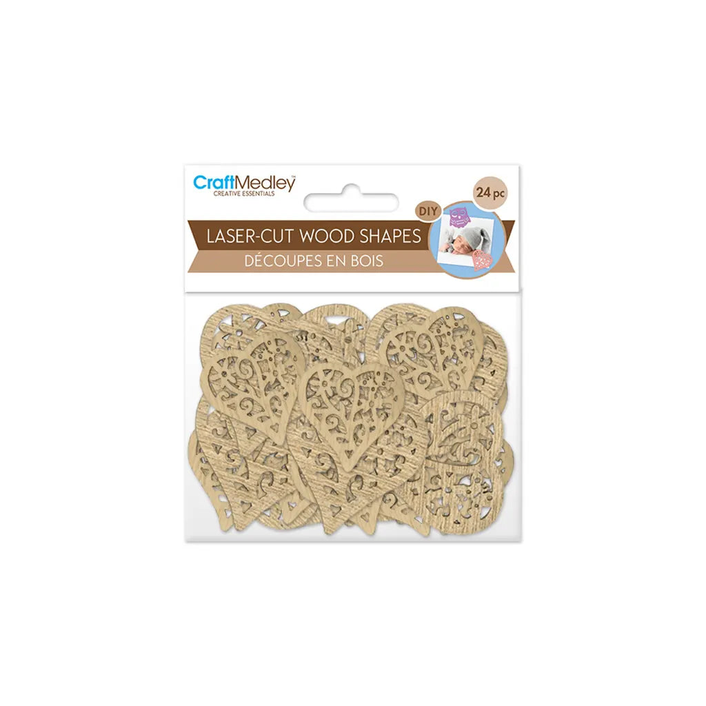 Wood Craft: 3cm+4cm Laser-Cut Ornate Wood Shapes 24pc Heart