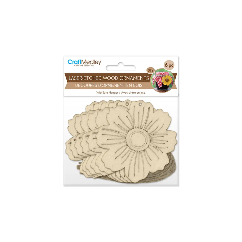 Wood Craft: 3.5" Laser-Etched Wood Shapes 6pc w/Jute Pansy