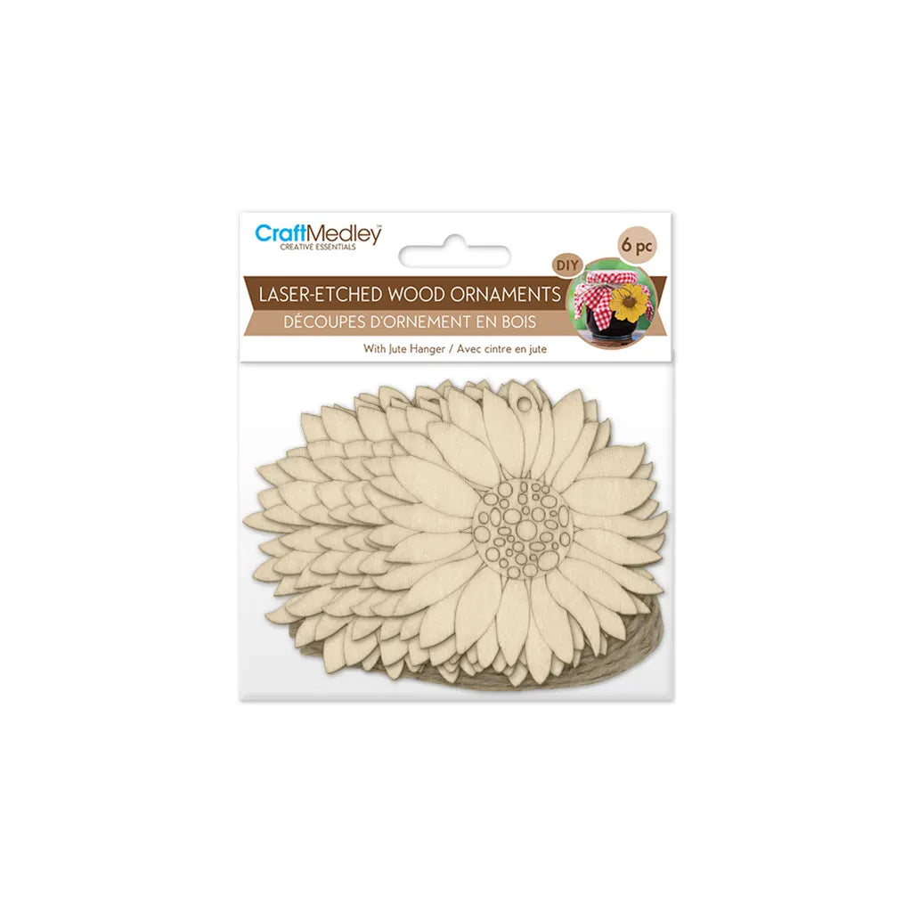 Wood Craft: 3.5" Laser-Etched Wood Shapes 6pc w/Jute Aster Mum