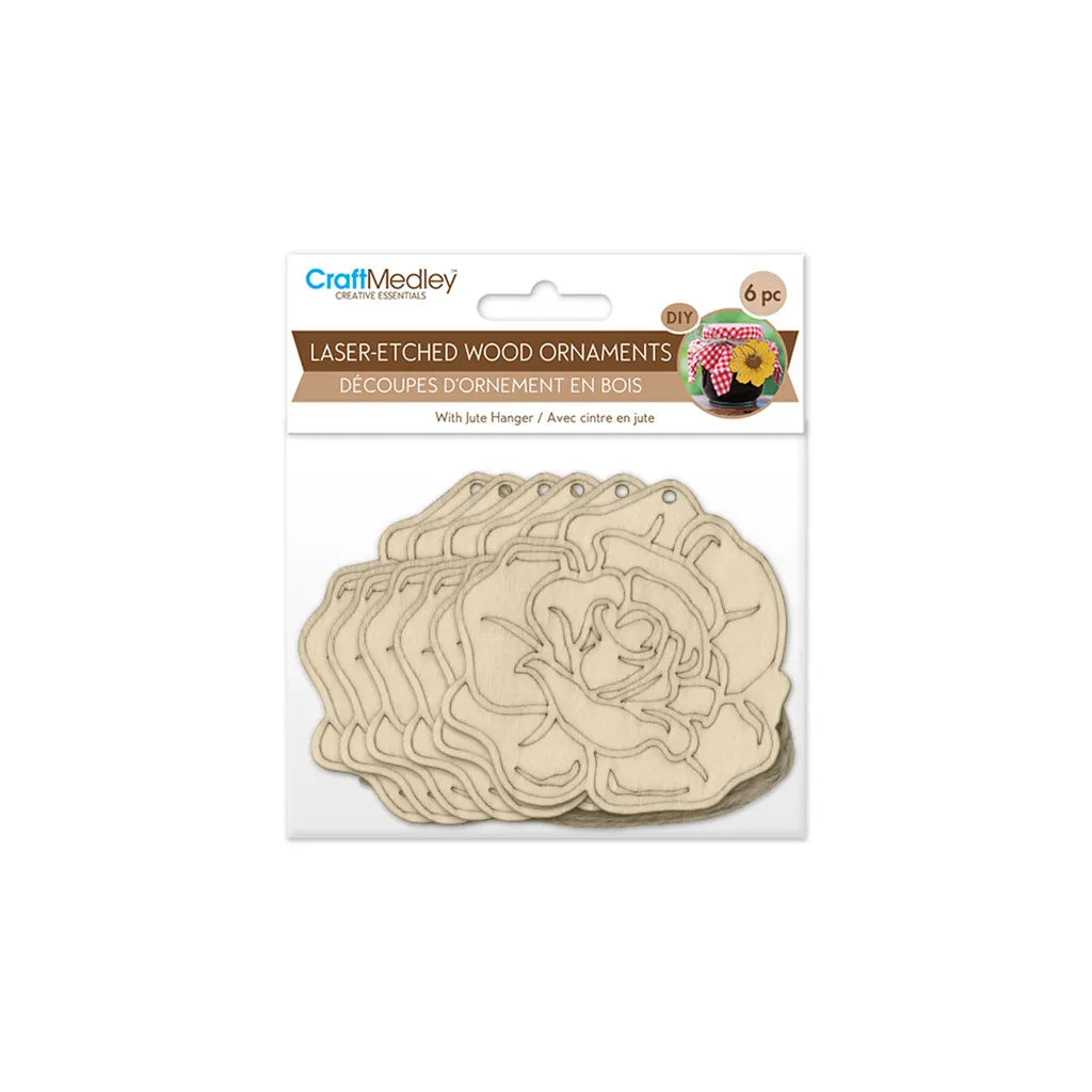 Wood Craft: 3.5" Laser-Etched Wood Shapes 6pc w/Jute Open Rose