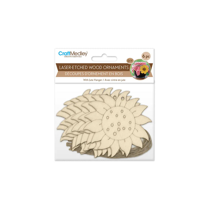 Wood Craft: 3.5" Laser-Etched Wood Shapes 6pc w/Jute Sunflower