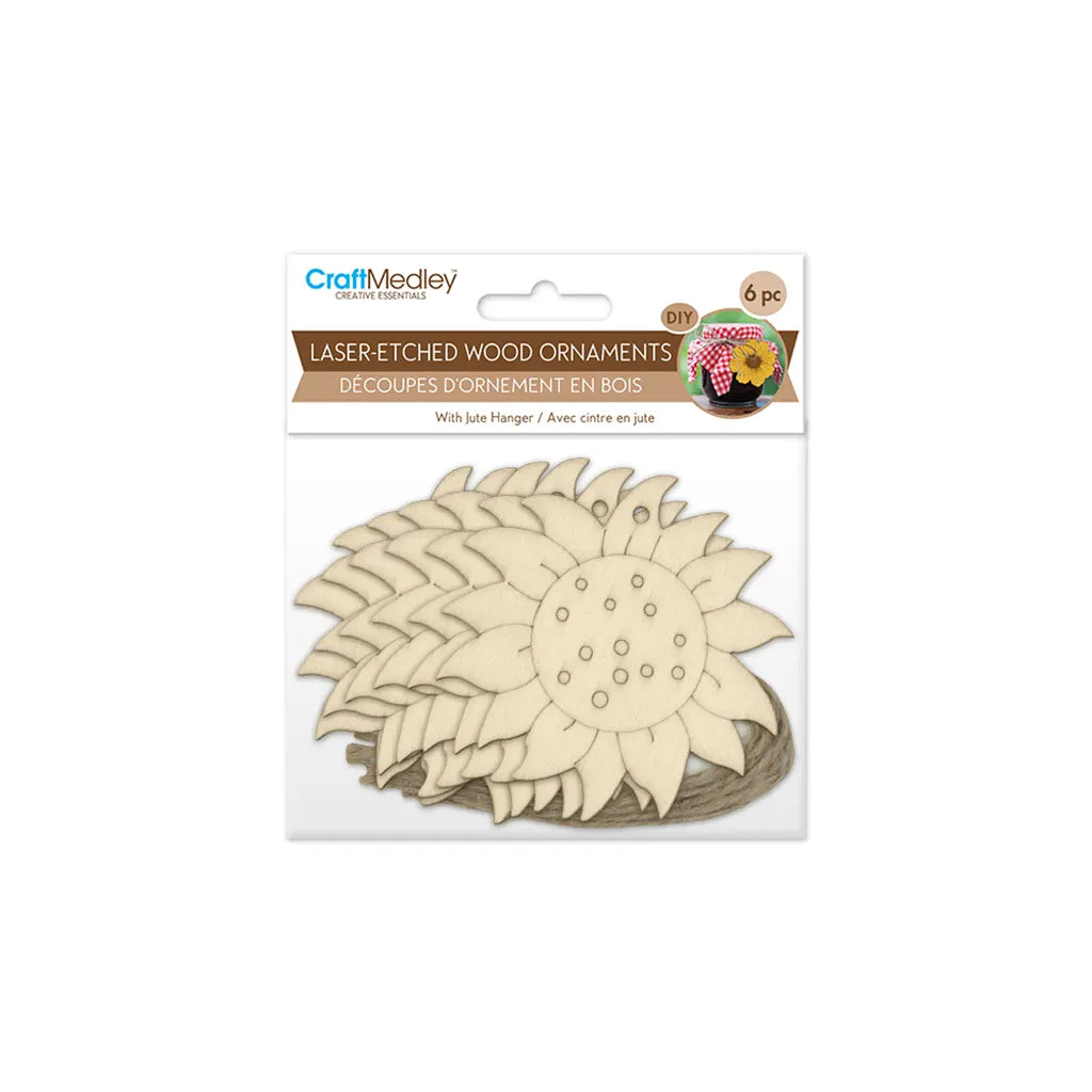 Wood Craft: 3.5" Laser-Etched Wood Shapes 6pc w/Jute Sunflower