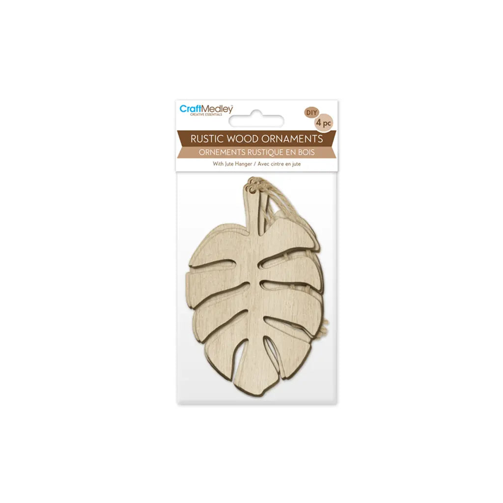 Wood Craft: Rustic Wood Ornaments 4pc w/Jute Cord Palm Leaf