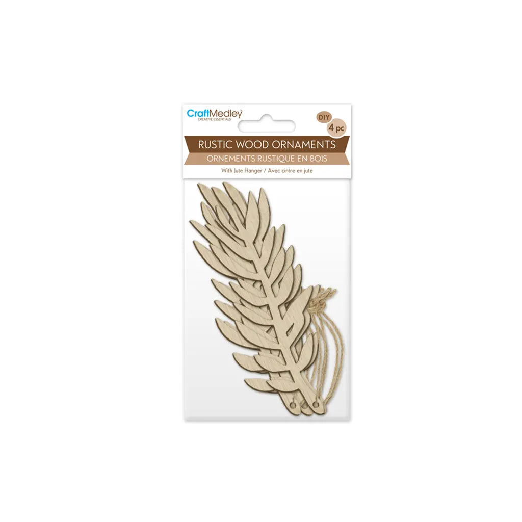 Wood Craft: Rustic Wood Ornaments 4pc w/Jute Cord Fern Leaf