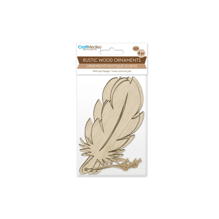 Wood Craft: Rustic Wood Ornaments 4pc w/Jute Cord Feather