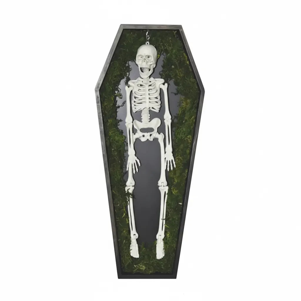 Skeleton in Coffin with Faux Moss, 20in