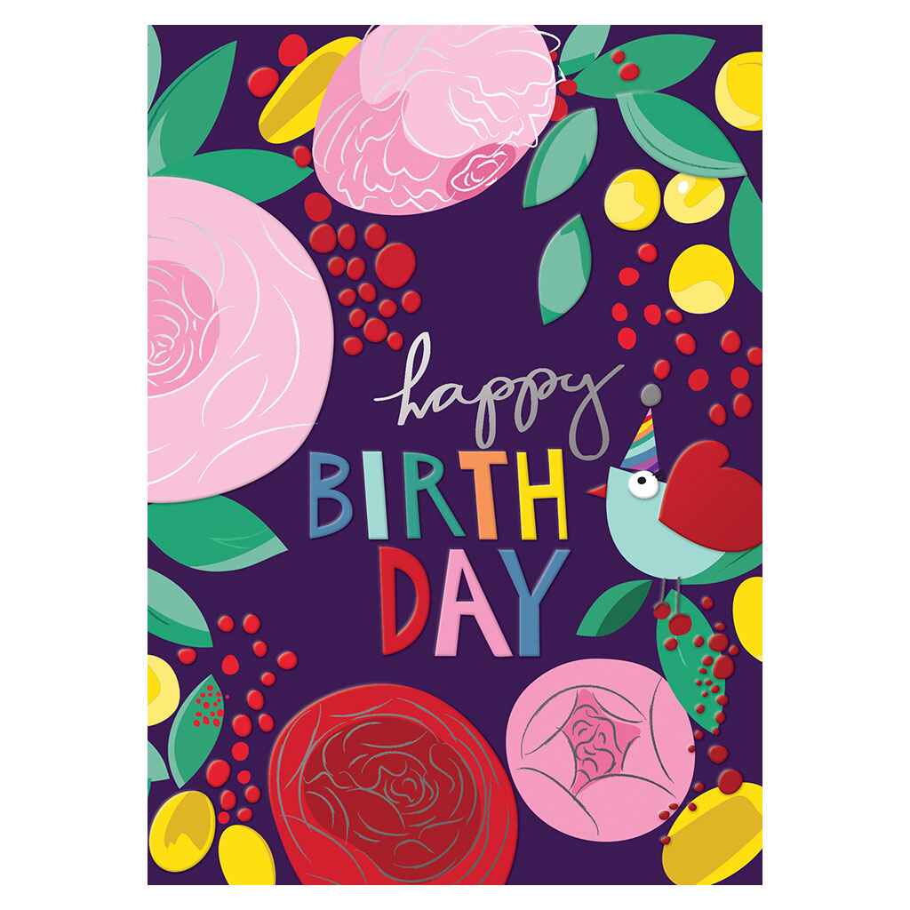 Birthday Bird and Flowers Greeting Card