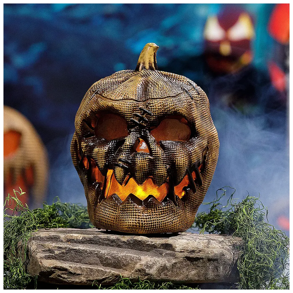 Animated Flaming Burlap Pumpkin, 10in