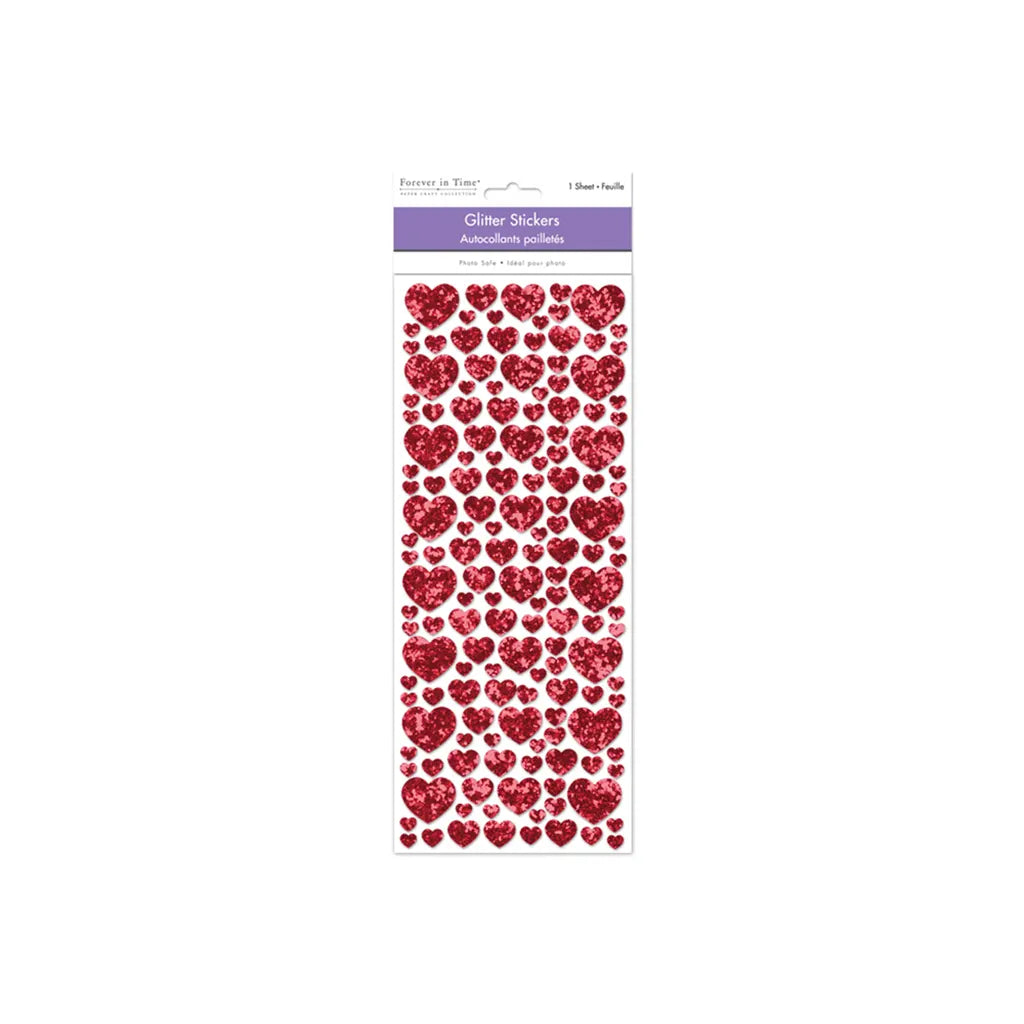 Paper Craft Sticker: 12.5cmx30.5cm Glitter Shapes Red Hearts