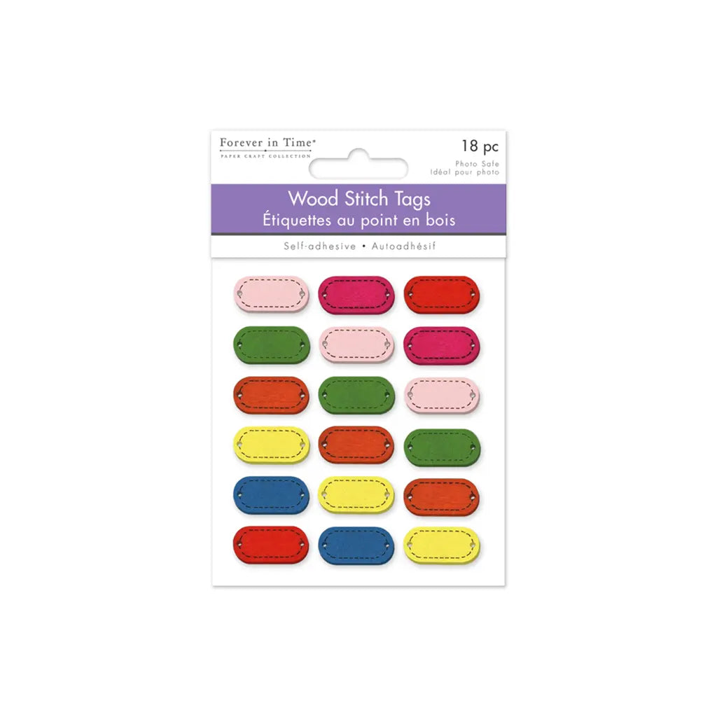 Paper Craft Sticker: 0.9"x0.4" 3D Wood Stitch Tags 18pc Pastel Blend