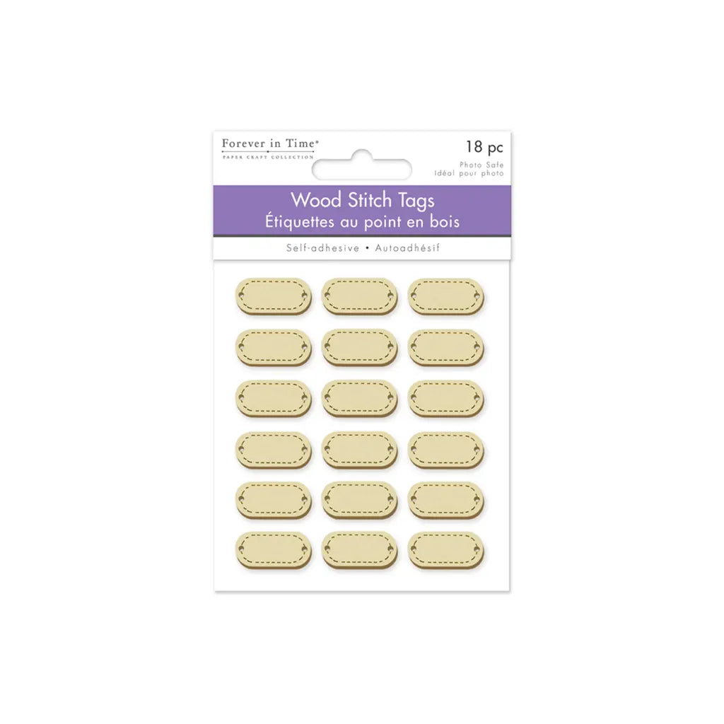 Paper Craft Sticker: 0.9"x0.4" 3D Wood Stitch Tags 18pc Natural