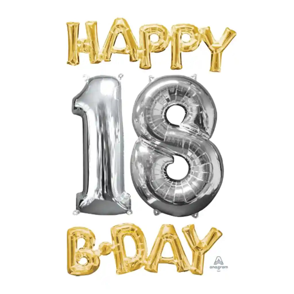 Happy Birthday 18 Gold and Silver Phrase Bunch Foil Balloon