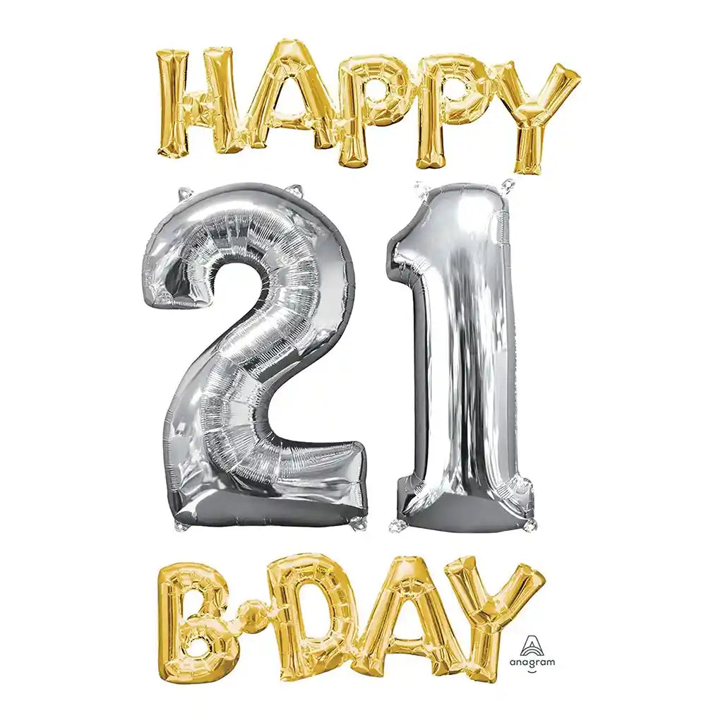 Happy Birthday 21 Gold and Silver Phrase Bunch Foil Balloon