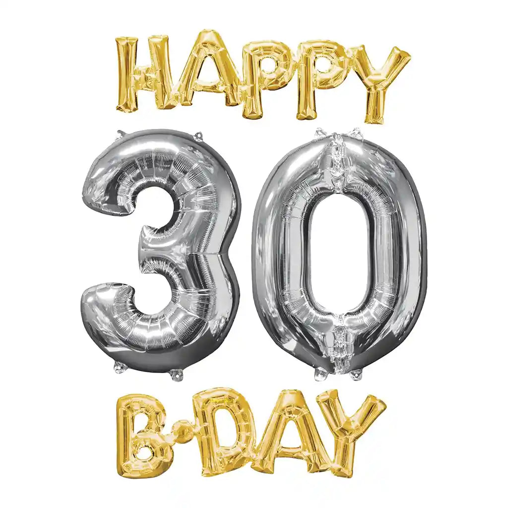Happy Birthday 30 Gold and Silver Phrase Bunch Foil Balloon