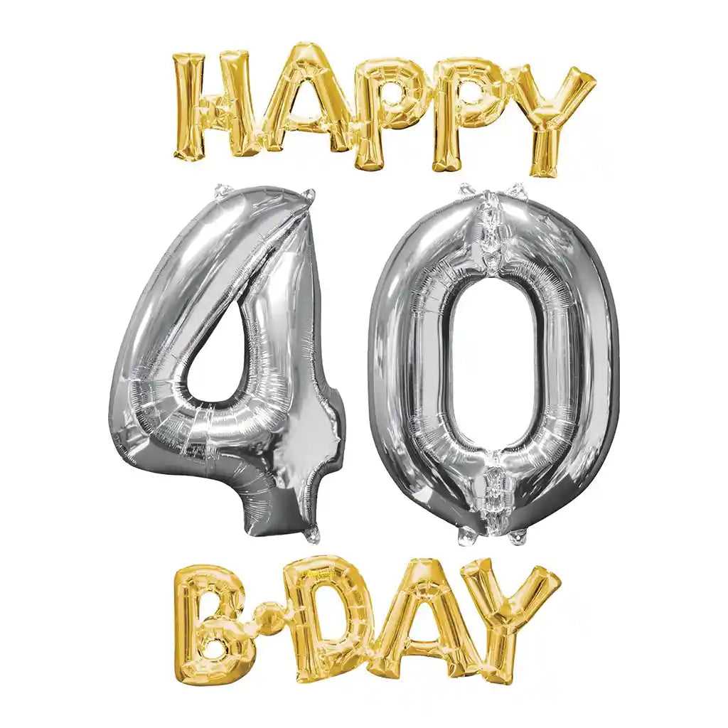 Happy Birthday 40 Gold and Silver Phrase Bunch Foil Balloon