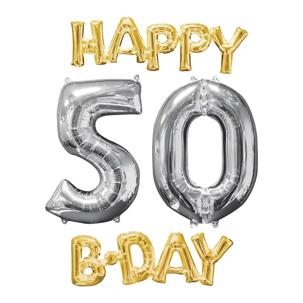 Happy Birthday 50 Gold and Silver Phrase Bunch Foil Balloon