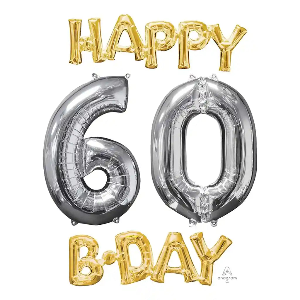 Happy Birthday 60 Gold and Silver Phrase Bunch Foil Balloon
