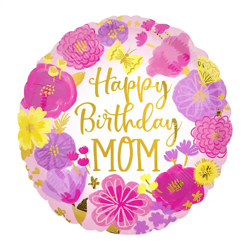 Happy Birthday Mom Painted Flowers Foil Balloon, 18in