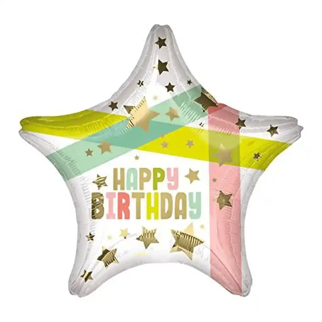 Happy Birthday Gold Stars and Colors Star Foil Balloon, 19in