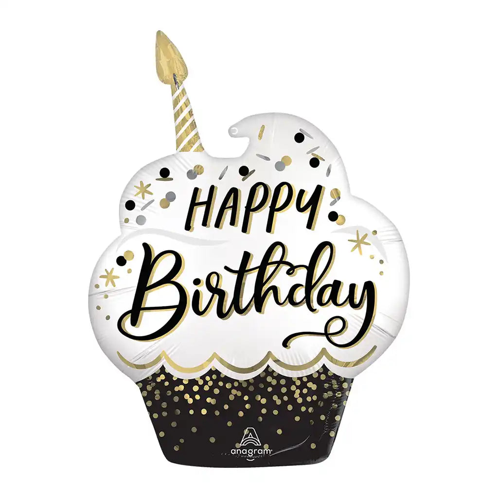 Satin Black Silver Gold Birthday Wishes Balloon, 29in