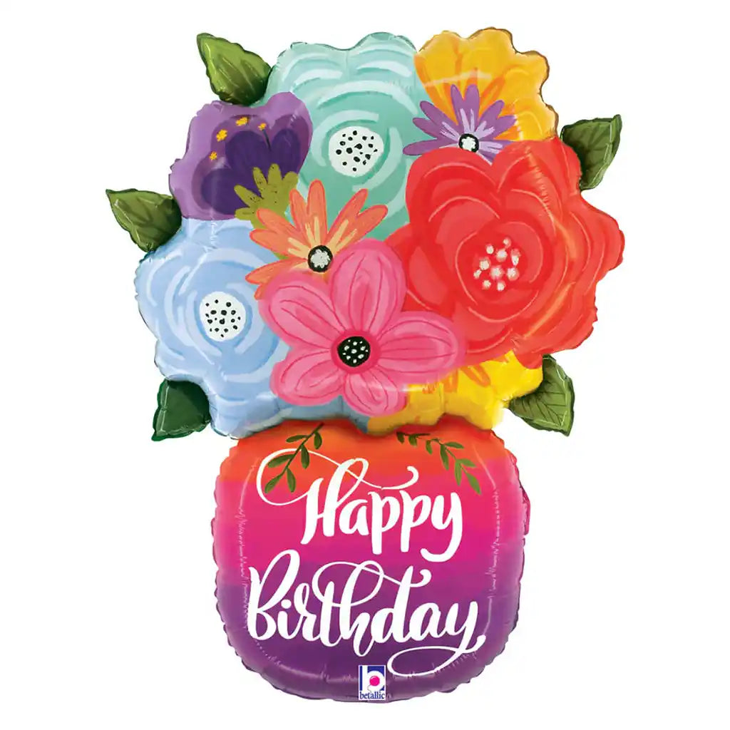 Birthday Bright Flowers Vase Shape Foil Balloon, 29in
