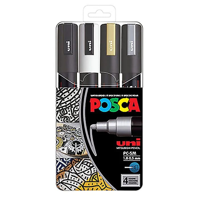 Posca Paint Marker PC-5M  4 Color Medium Mixed Metallic Set (Gold, Silver, Black & White)