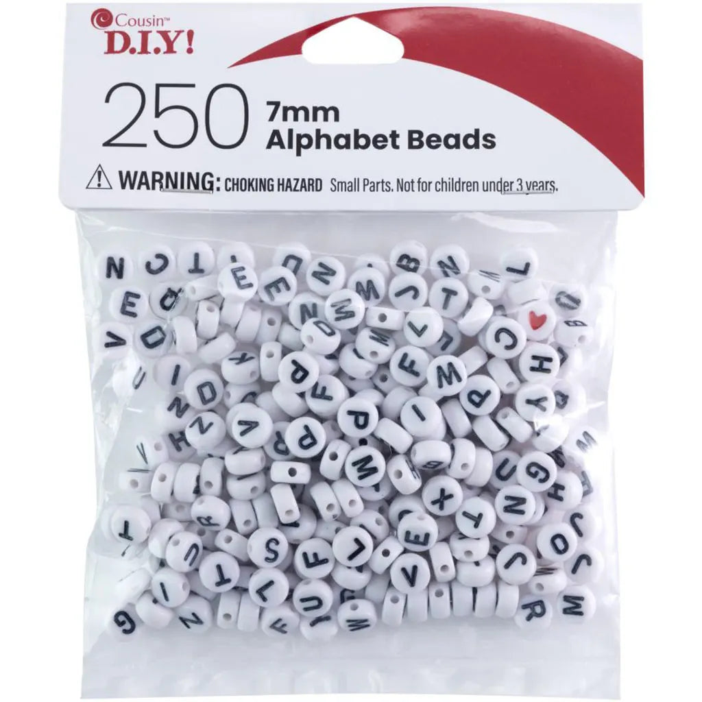 CousinDIY Alphabet Beads 7mm 250/Pkg White Round With Black Letter
