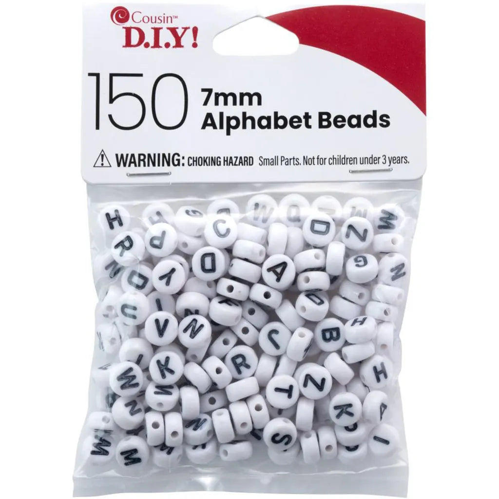 CousinDIY Alphabet Beads 7mm 150/Pkg White Round With Black Letters
