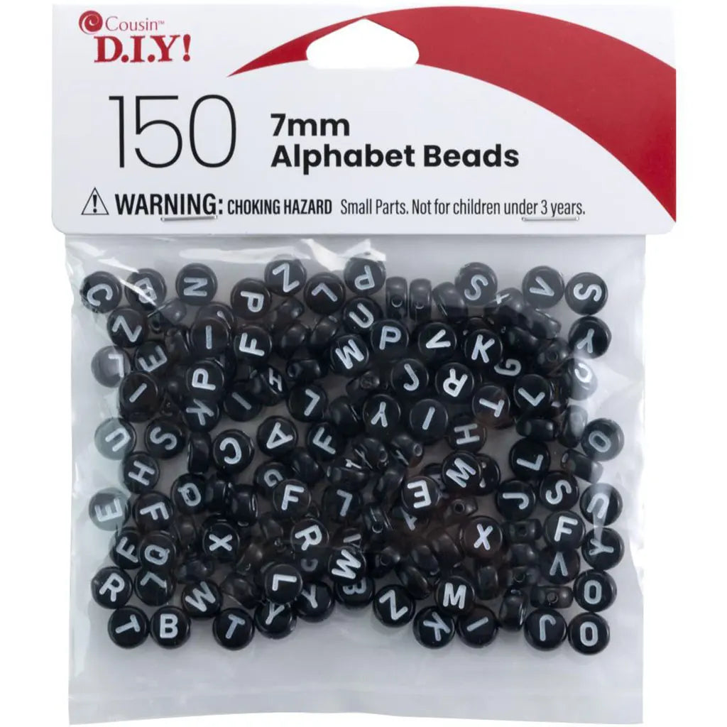 CousinDIY Alphabet Beads 7mm 150/Pkg Black Round With White Letterste