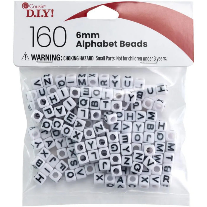 CousinDIY Alphabet Beads 6mm 160/Pkg White With Black Letters