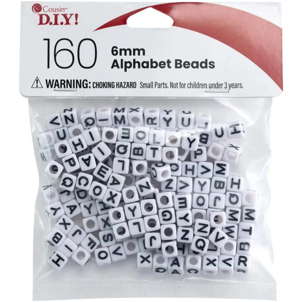 CousinDIY Alphabet Beads 6mm 160/Pkg White With Black Letters