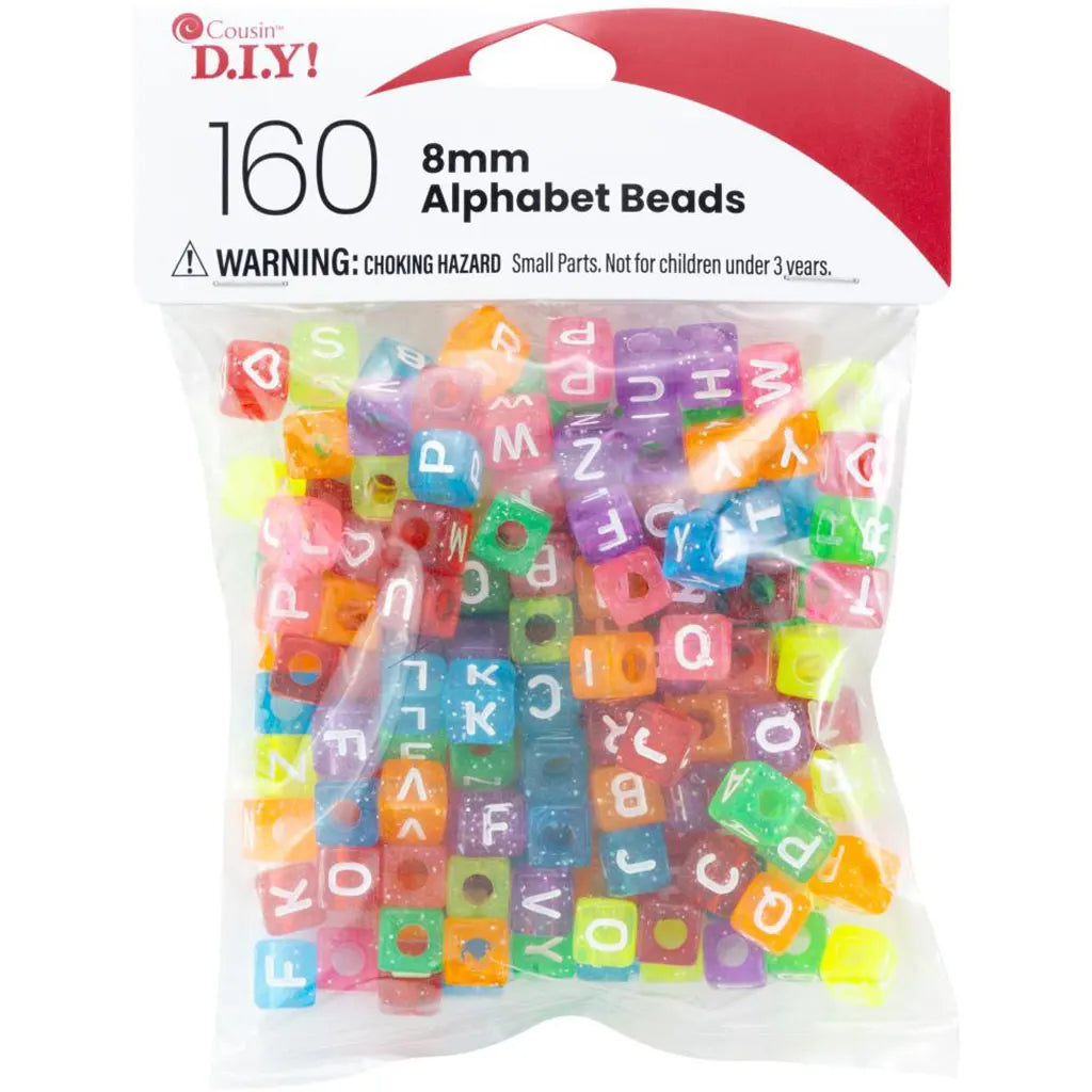 CousinDIY Alphabet Beads 8mm 160/Pkg Transparent Glitter Multicolored