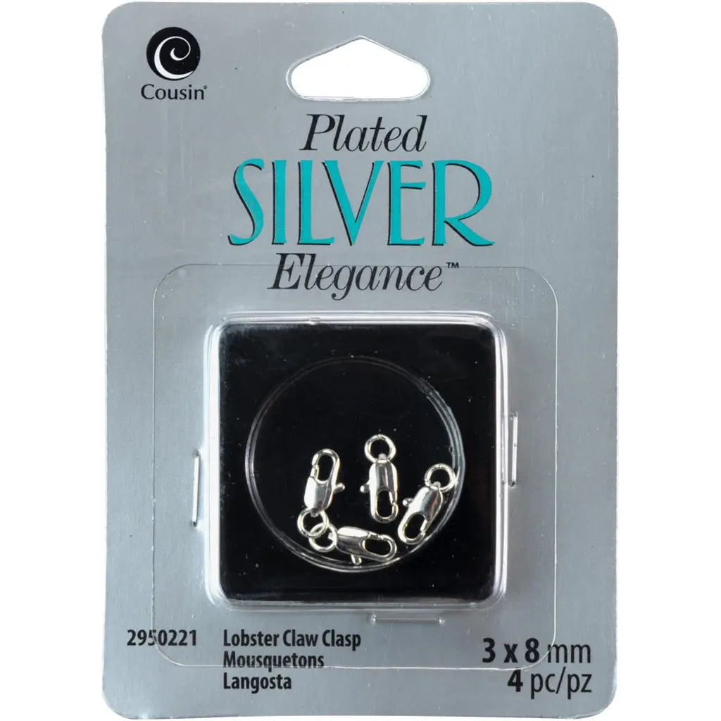 CousinDIY Plated Silver Elegance Metal Findings Lobster Claws 3mmX8mm 4/Pkg