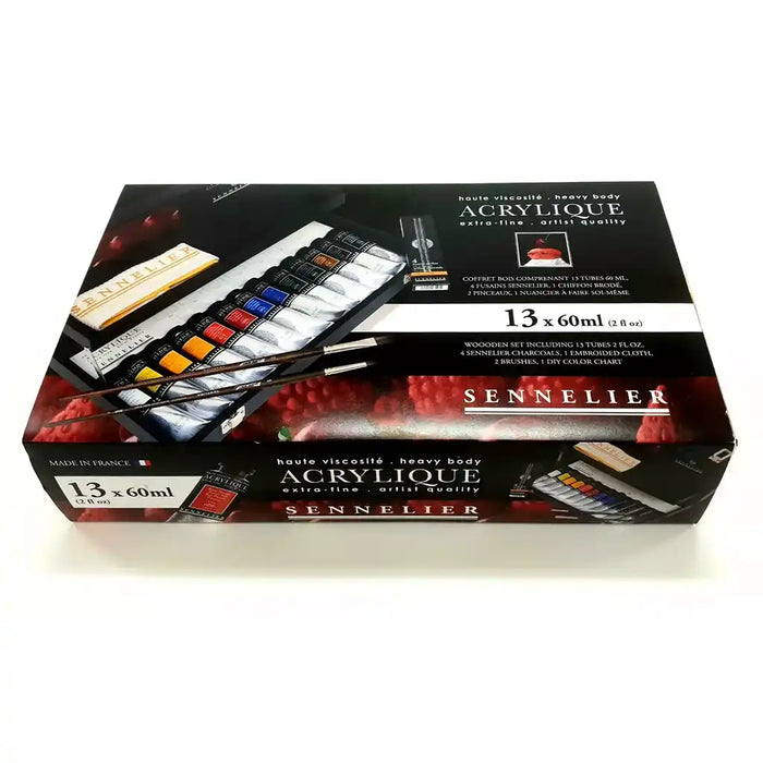 Sennelier Artist Quality Acrylic Black Box 13 Tubes 60M1+ Accessories (2 Synthetics Brushes)