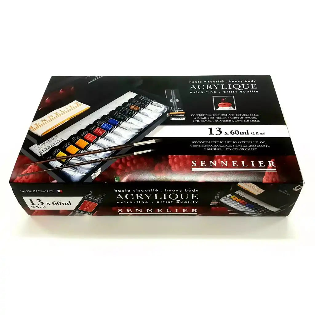 Sennelier Artist Quality Acrylic Black Box 13 Tubes 60M1+ Accessories (2 Synthetics Brushes)
