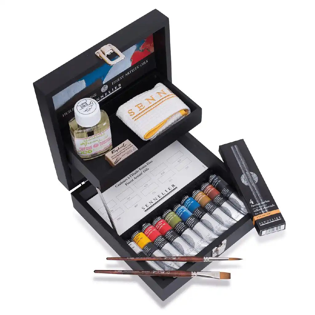 Sennelier Finest Artists'S Oil Wooden Box 10 x 21ml + Accessories (2 Synthetic Brushes)