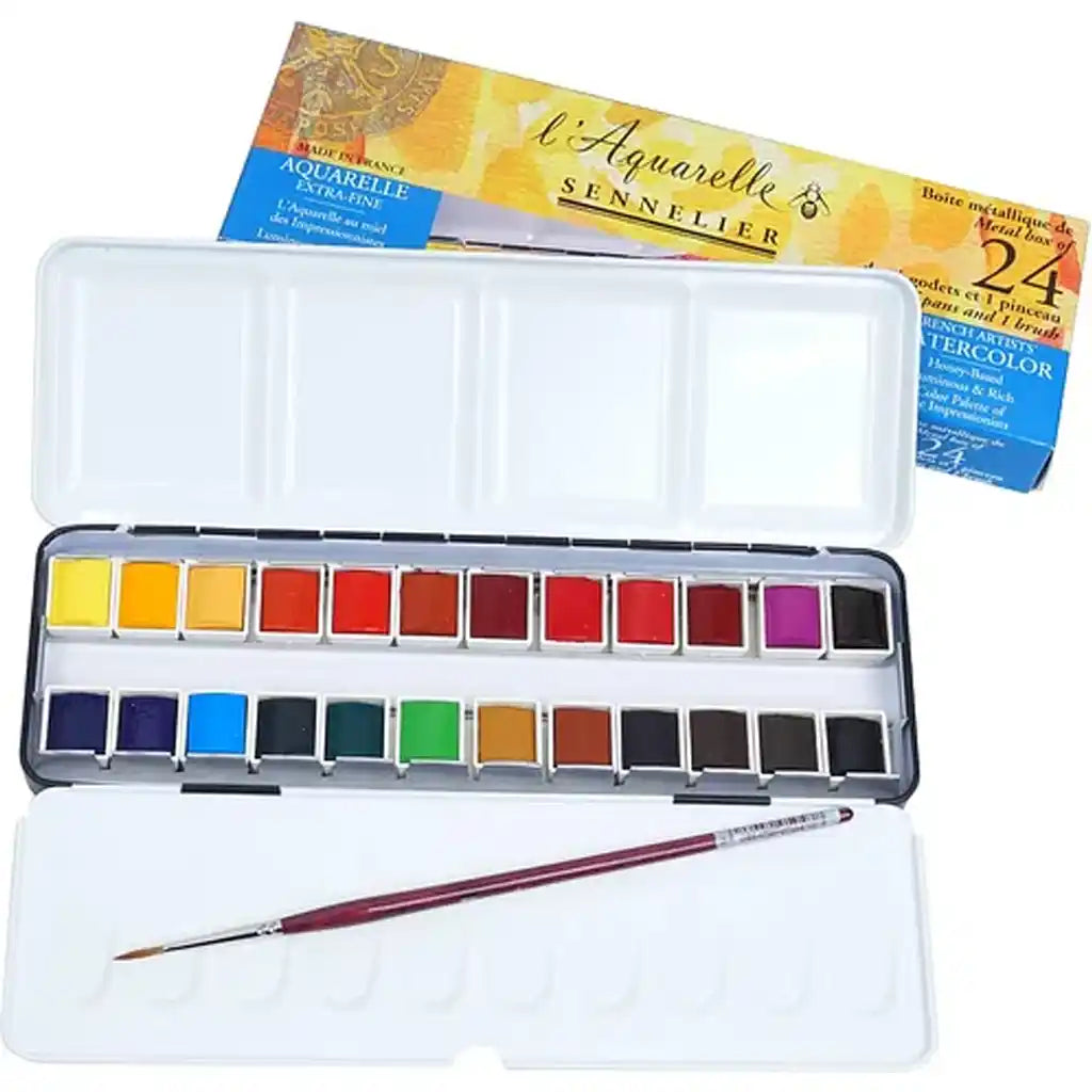 Sennelier Artist Watercolour 24 Half Pans Metal Box + 1 Brush