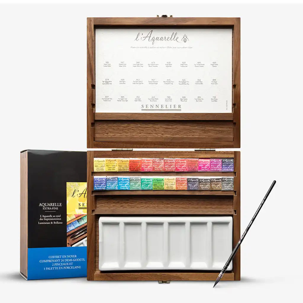 Sennelier Watercolour Walnut Box 24 Half Pans + 1 Porcelain Palette + 2 Brushes