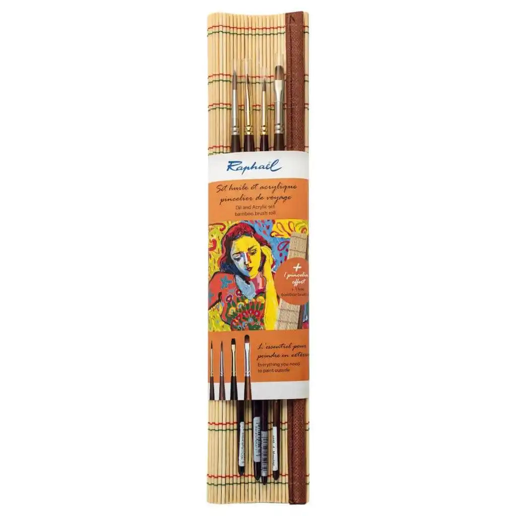 Raphael  Bamboo Brush Roll With 4 Oil 8 Acrylic Brushes